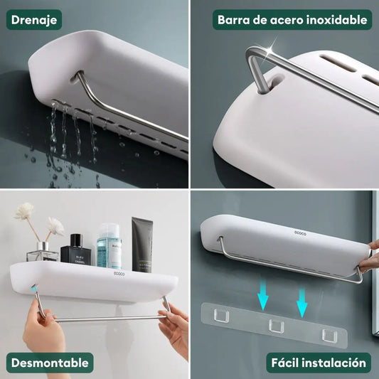 Organización eficiente con repisa adhesiva para baño