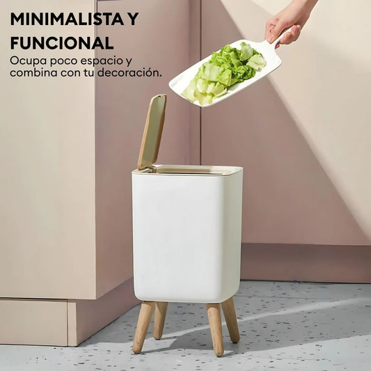 Tacho de Basura con Tapa a Presión y Patas Diseño Madera
