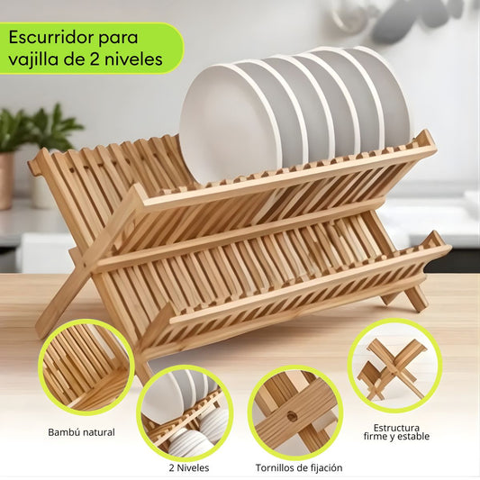 Escurridor Organizador para Platos 2 Niveles con Bambú Tessa
