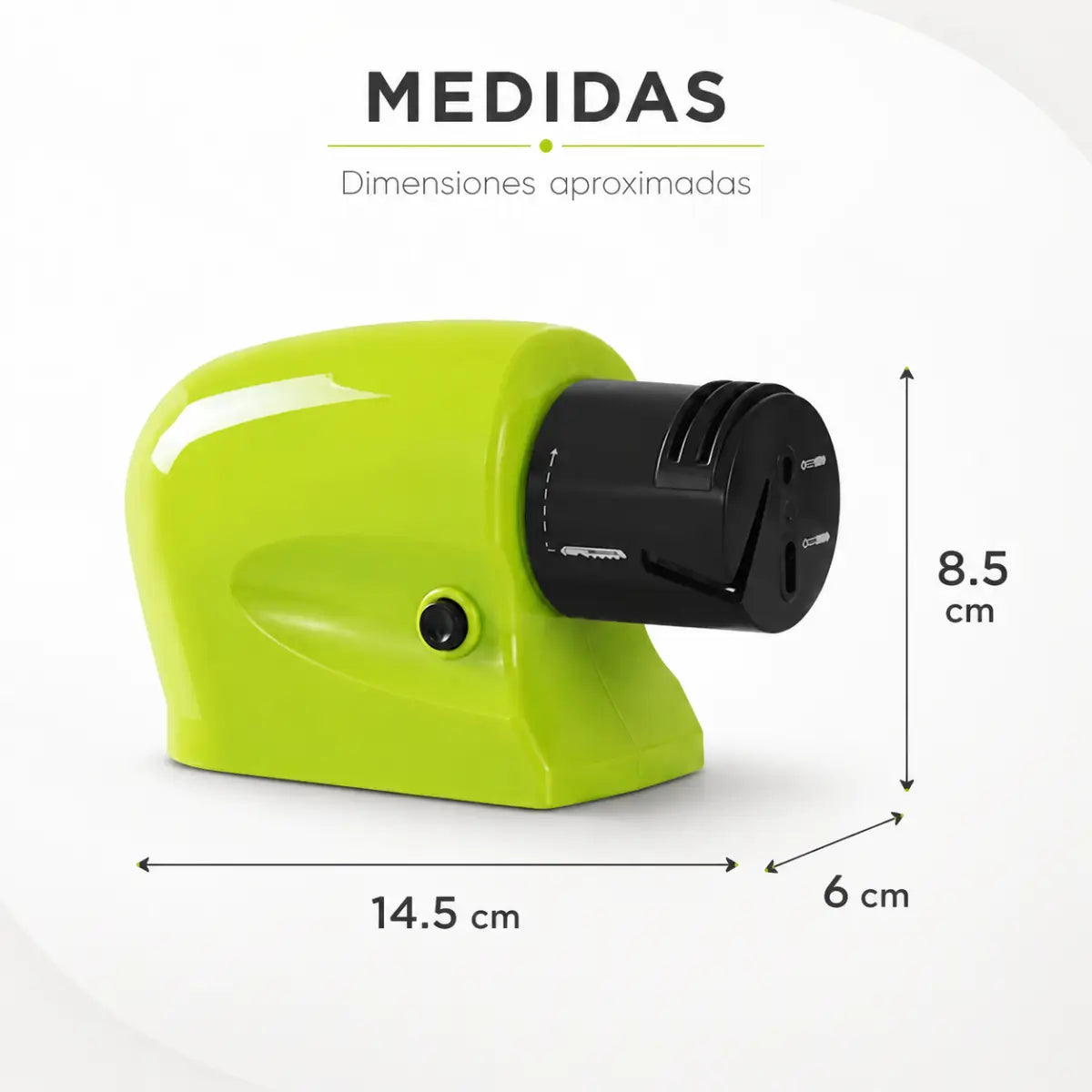 Medidas del afilador eléctrico: 14.5 cm de largo, 8.5 cm de alto y 6 cm de ancho