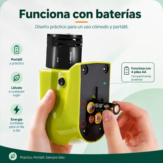 Afilador eléctrico con compartimento para 4 pilas AA y funcionamiento inalámbrico