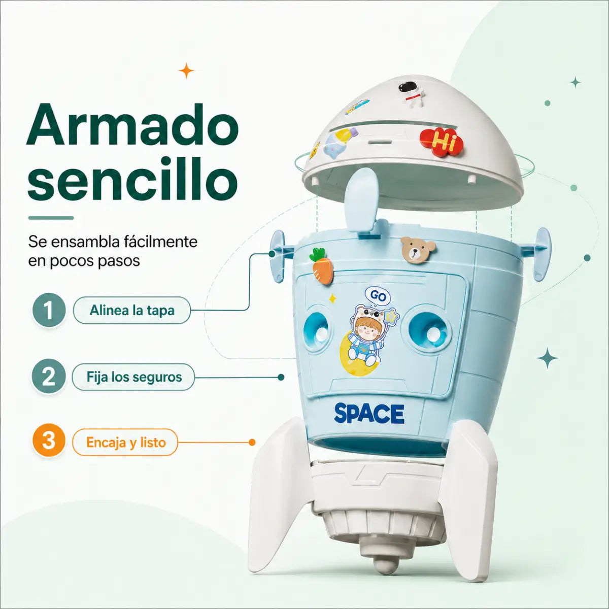 Alcancía infantil de cohete con armado sencillo y piezas desmontables