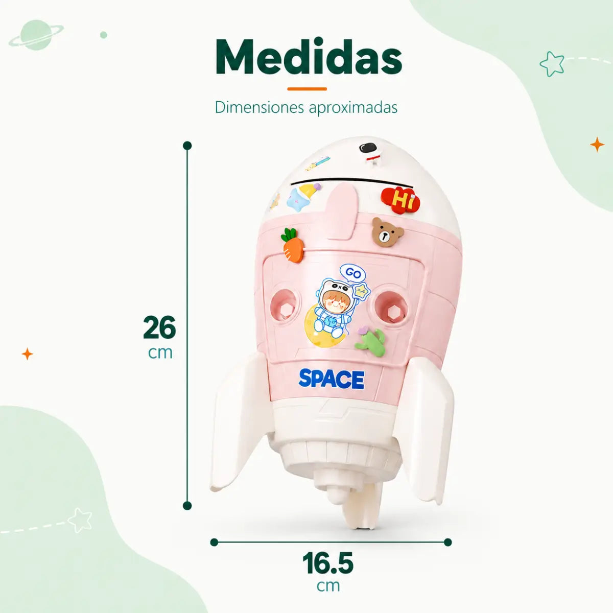 Medidas de alcancía infantil con diseño de cohete: 26 cm de alto y 16.5 cm de ancho