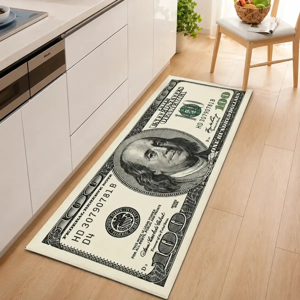Alfombra decorativa antideslizante con diseño de billete de 100 dólares en cocina