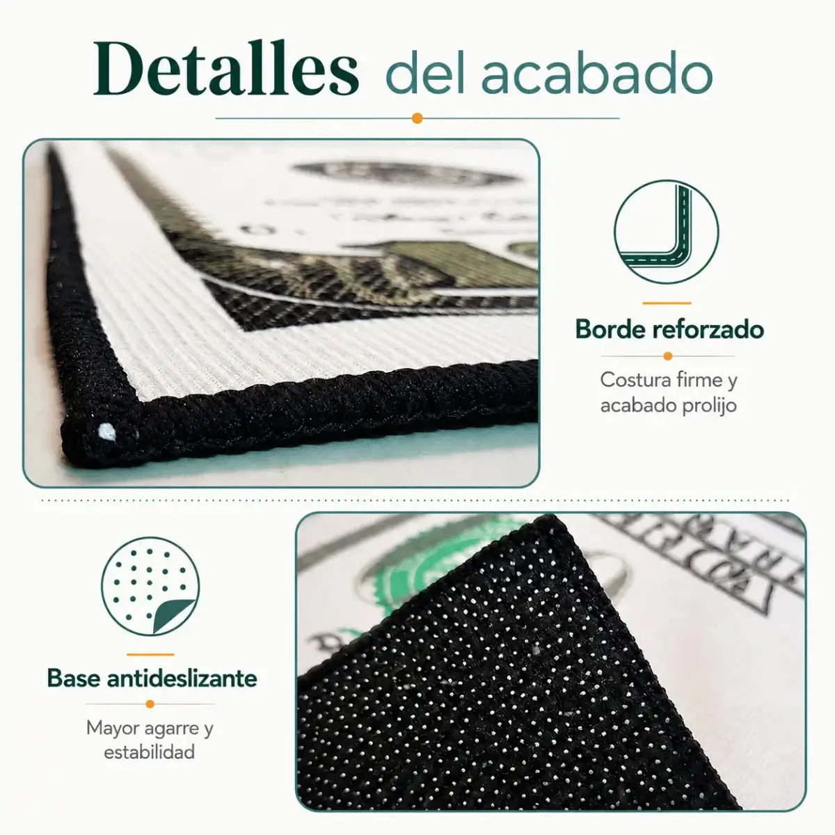 Detalle de alfombra rectangular con borde reforzado y base antideslizante