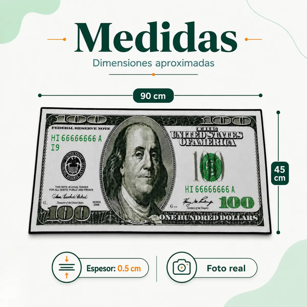 Alfombra rectangular diseño billete de 100 dólares de aproximadamente 90 cm por 45 cm
