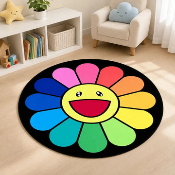 Alfombra infantil redonda con diseño de flor multicolor y carita sonriente