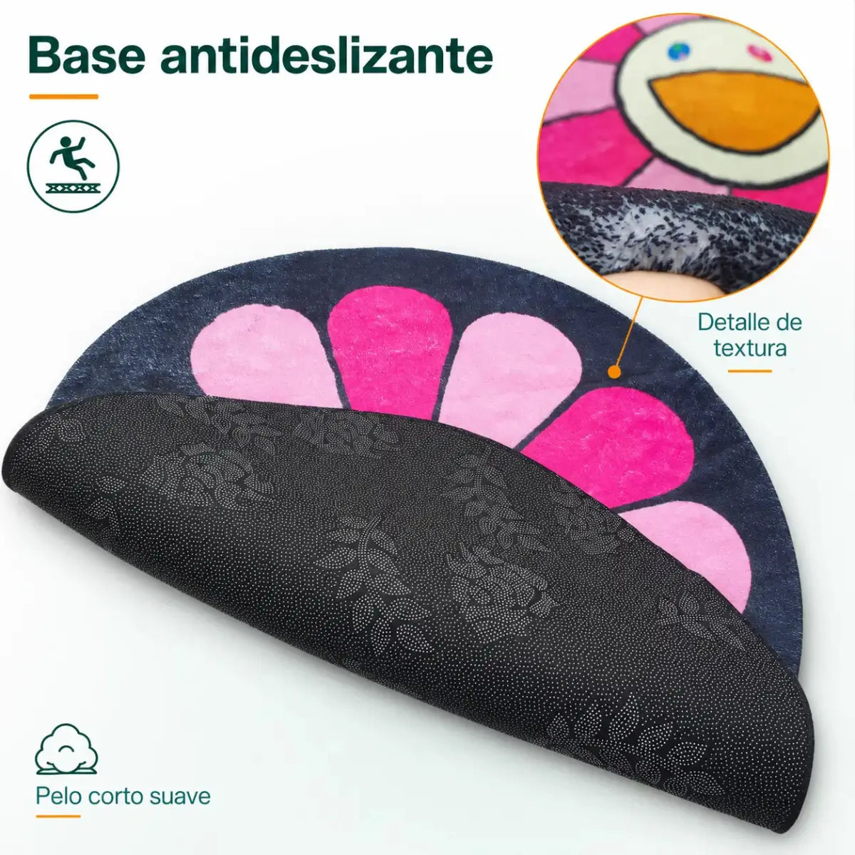 Detalle de la base antideslizante de alfombra infantil redonda con diseño de flor