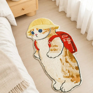 Alfombra decorativa de gato con mochila roja y diseño alargado para dormitorio
