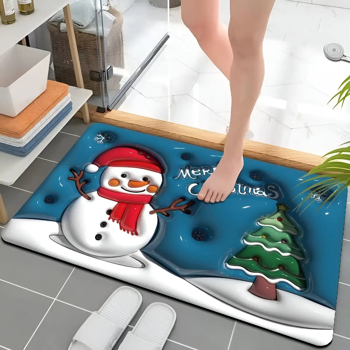 Detalle del efecto 3d de la alfombra navideña absorbente