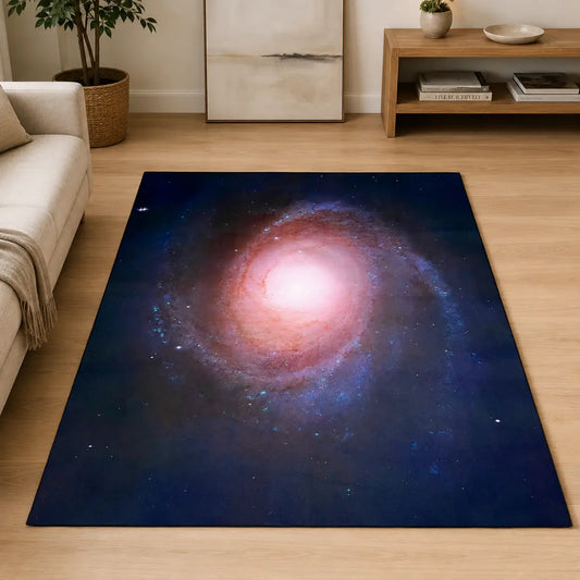 Alfombra rectangular para sala con diseño de galaxia en tonos azul y rosado