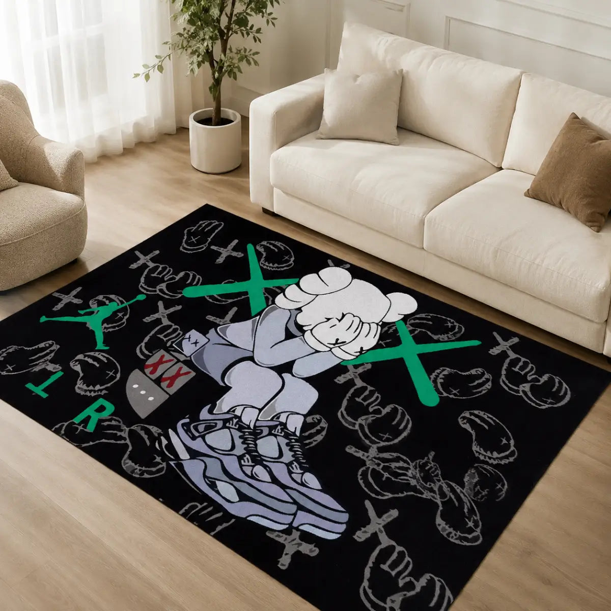 Alfombra rectangular decorativa para sala con diseño espacial en color negro