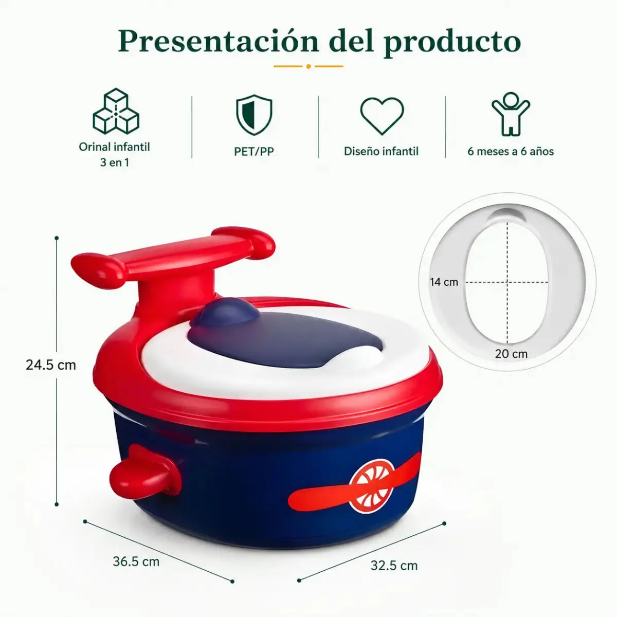 Bacin de entrenamiento 4 en 1 para niños mostrando sus piezas y accesorios desmontables