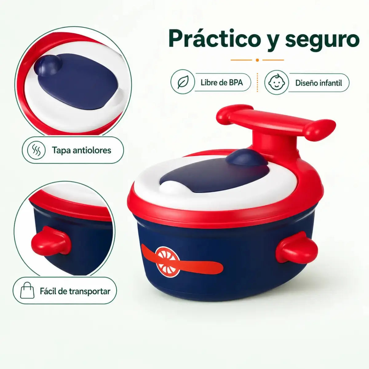 Bacin infantil práctico y seguro con tapa, asiento y base estable