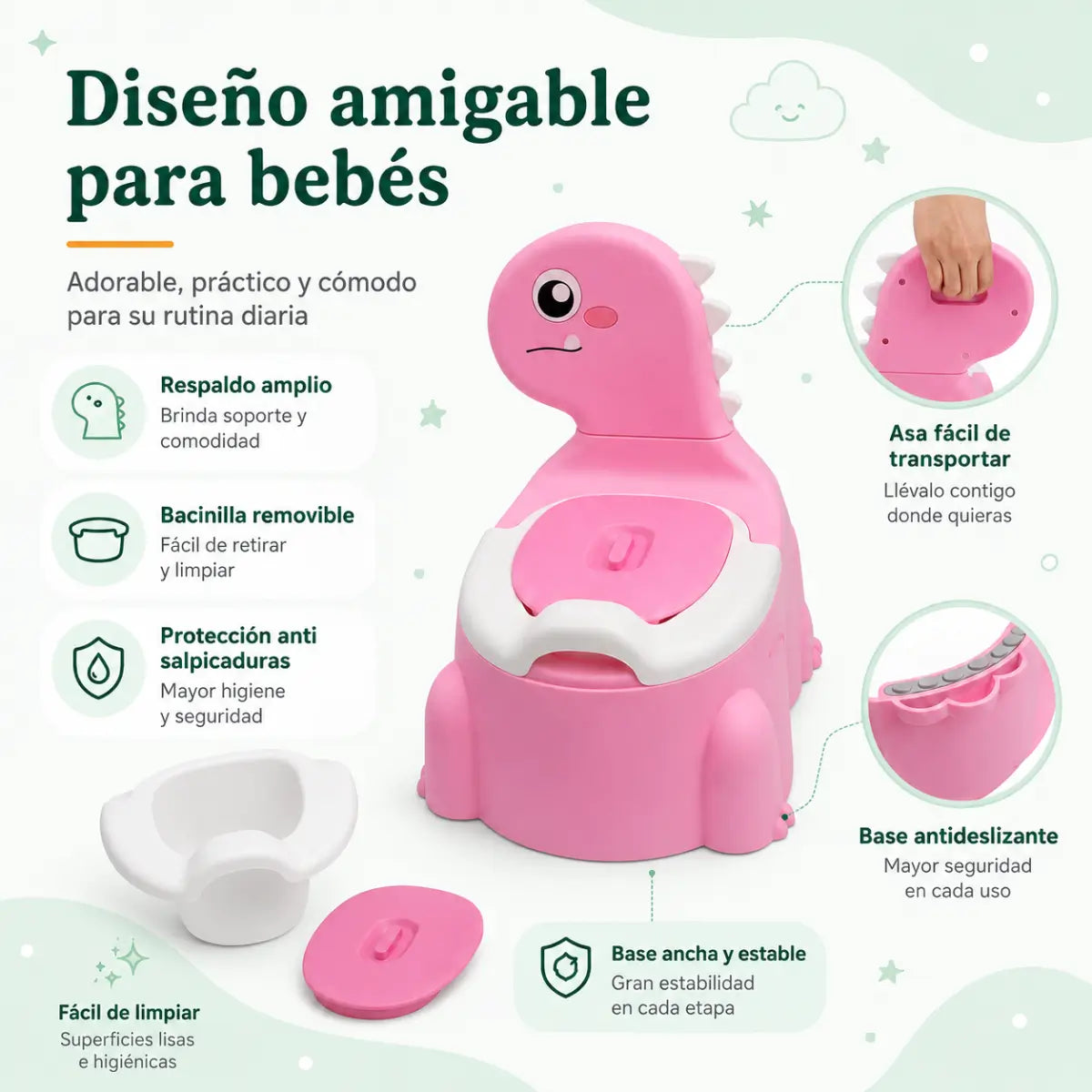 Bacin de entrenamiento con diseño de dinosaurio, tapa, asiento removible y base antideslizante