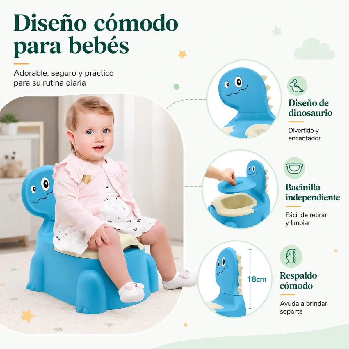 Inodoro infantil de entrenamiento con respaldo alto, asiento cómodo y recipiente desmontable