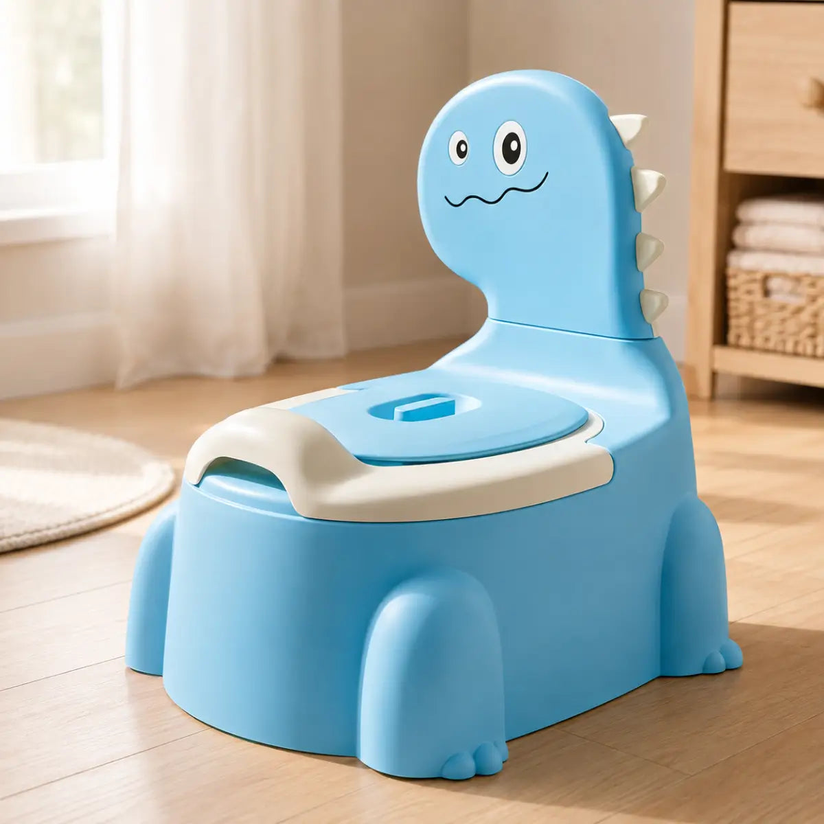 Bacin de entrenamiento infantil color azul con diseño de dinosaurio y respaldo alto