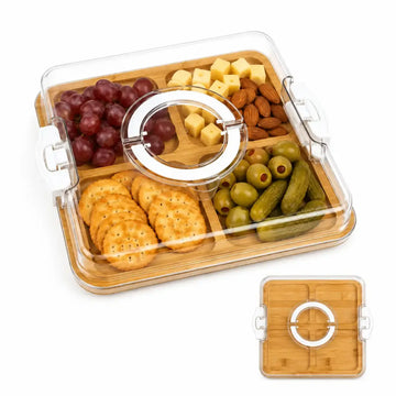 Bandeja para piqueos de bambú con compartimentos, tapa transparente y recipiente central