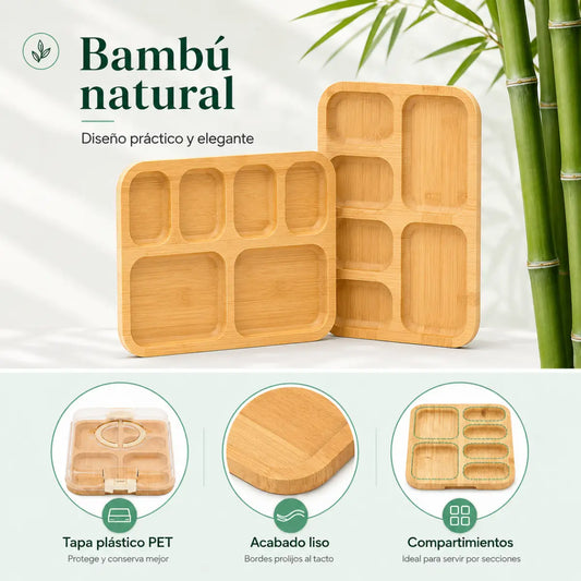 Bandeja Rectangular de Bambú con Tapa y Divisiones