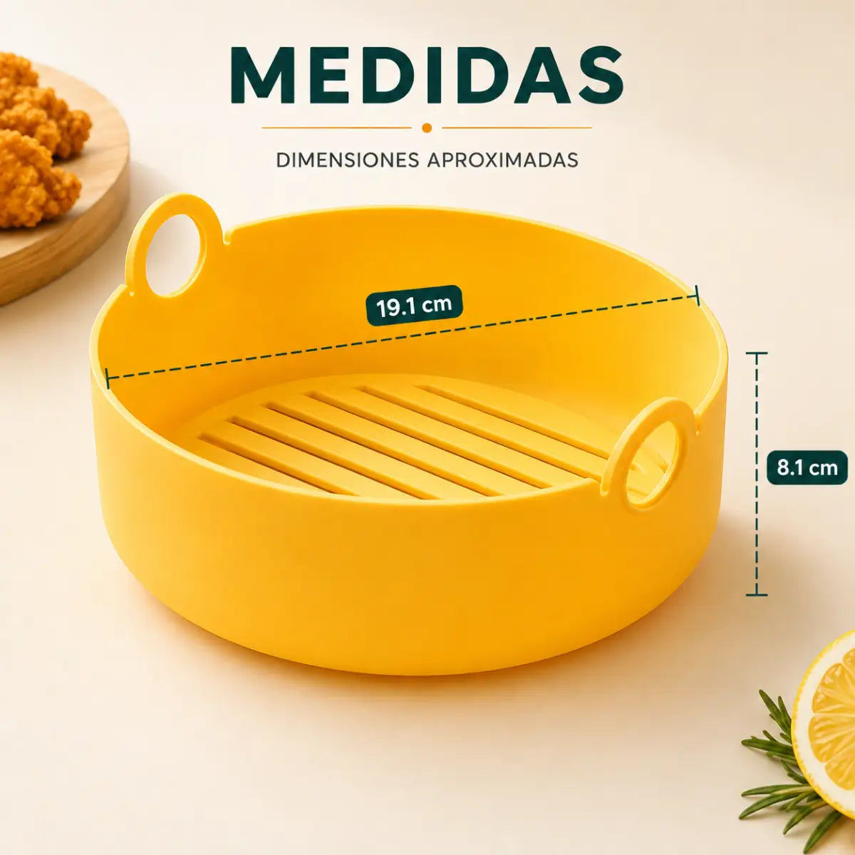 Medidas de bandeja de silicona para freidora de aire con diseño redondo y asas
