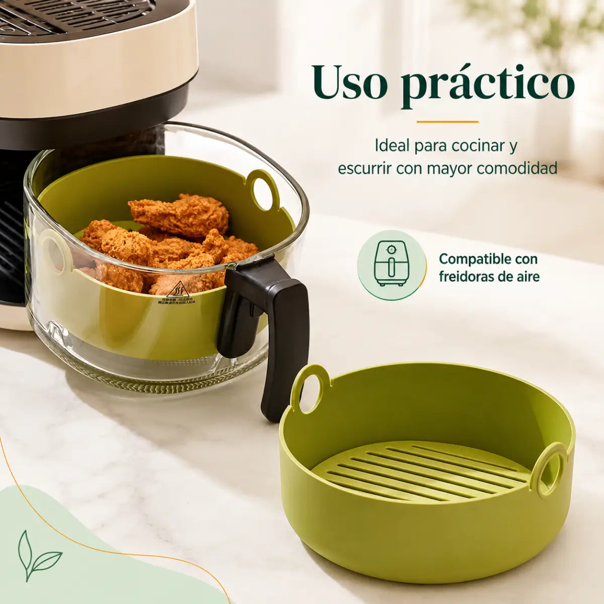 Recipiente de silicona para freidora de aire con rejilla removible y asas laterales