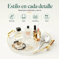Bandeja decorativa redonda con asas doradas para organizar perfumes, joyas y accesorios