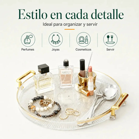 Bandeja decorativa redonda con asas doradas para organizar perfumes, joyas y accesorios