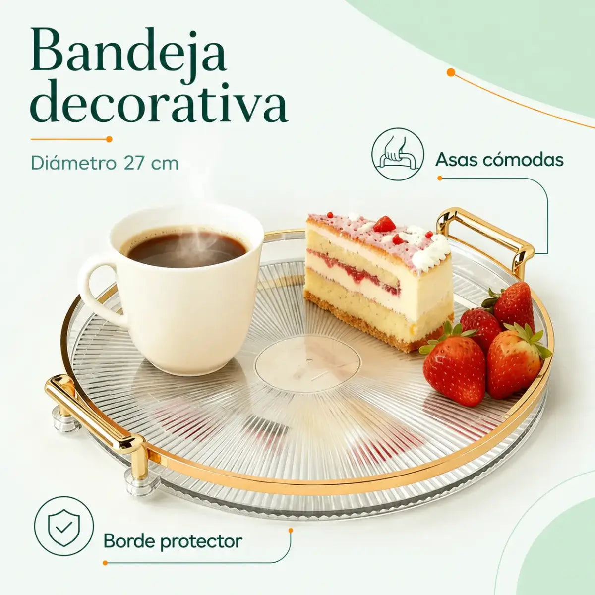 Bandeja decorativa redonda con asas doradas, borde protector y superficie transparente