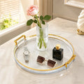 Bandeja organizadora decorativa redonda con asas doradas para perfumes, accesorios y decoración