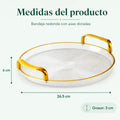 Medidas de bandeja decorativa redonda con asas doradas y borde protector