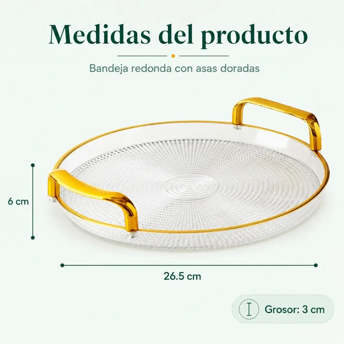 Medidas de bandeja decorativa redonda con asas doradas y borde protector