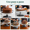 Base giratoria de repostería utilizada paso a paso para decorar, rellenar y presentar tortas