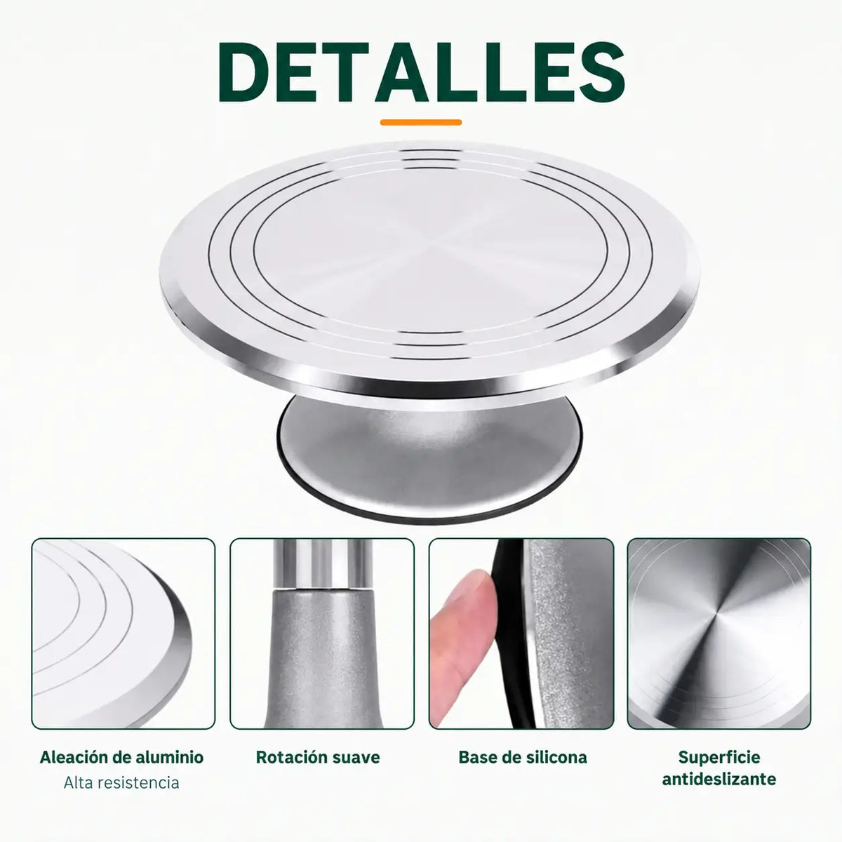 Detalles de base giratoria para tortas con superficie circular, pedestal estable y sistema de rotación