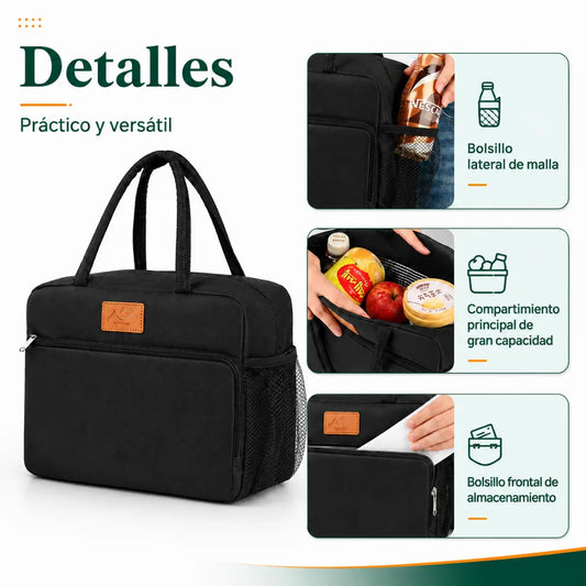Lonchera térmica con bolsillo frontal, asas reforzadas y compartimento para alimentos y bebidas