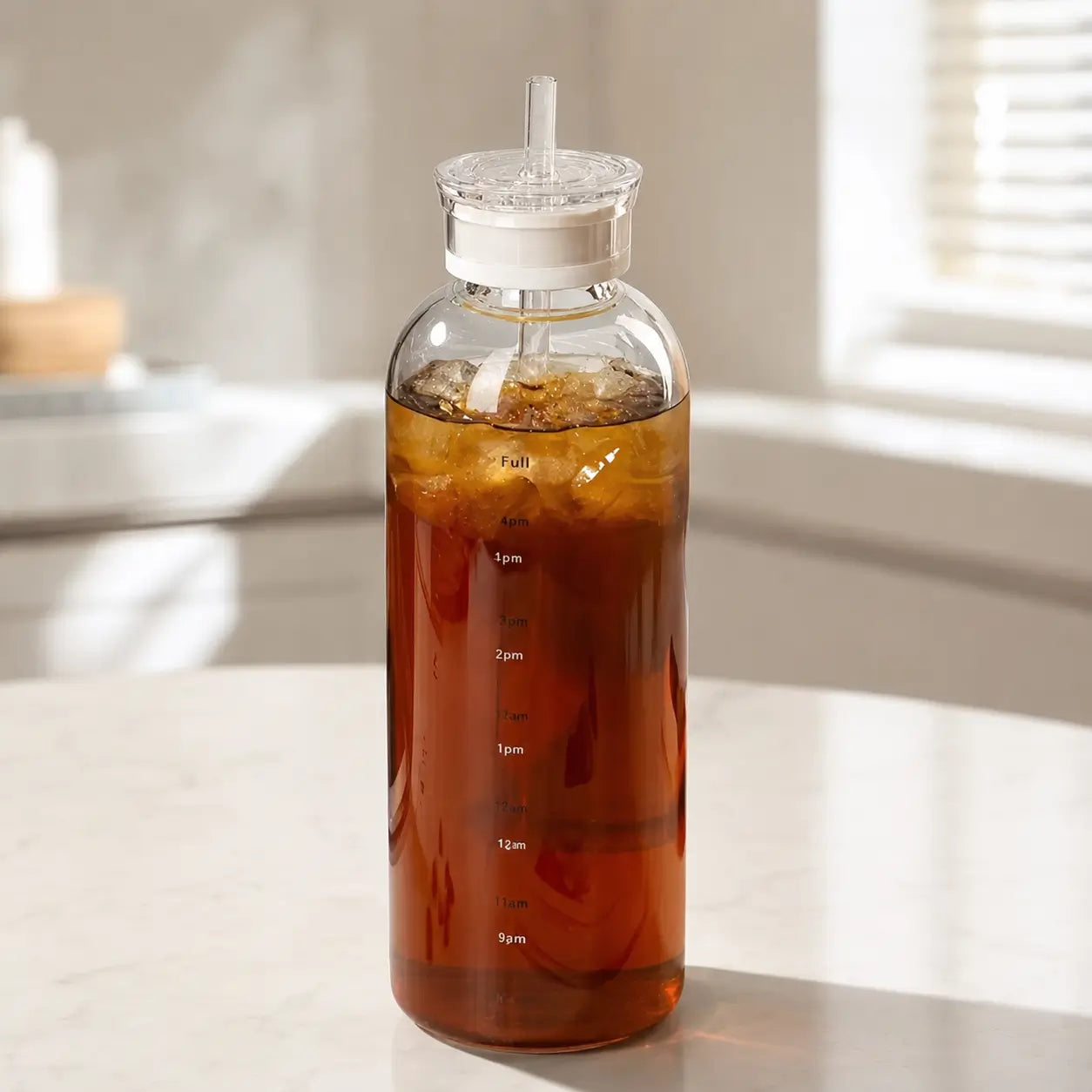 Botella de vidrio de 600 ml con sorbete, tapa y marcas de medición para bebidas