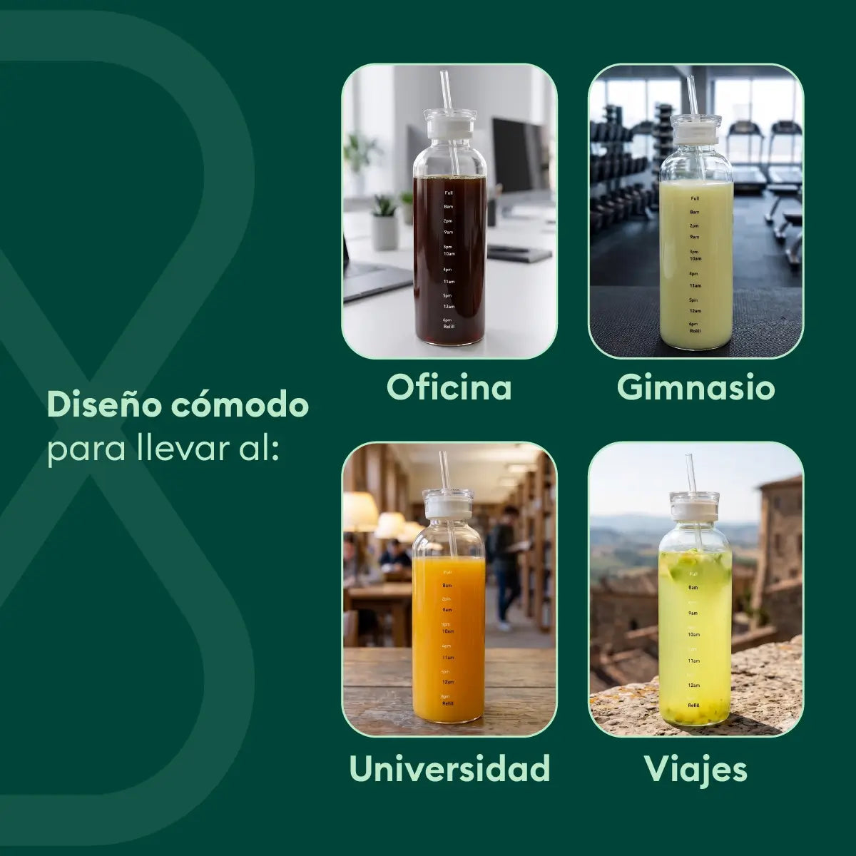 Botella de vidrio portátil para llevar bebidas a la oficina, gimnasio, universidad o viajes