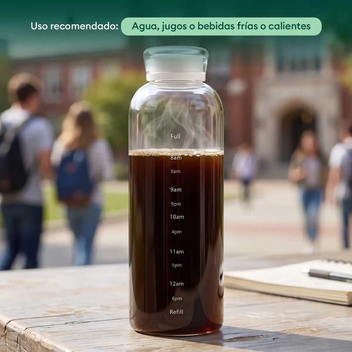 Botella de vidrio de 600 ml con marcas de medición para agua, jugos y otras bebidas