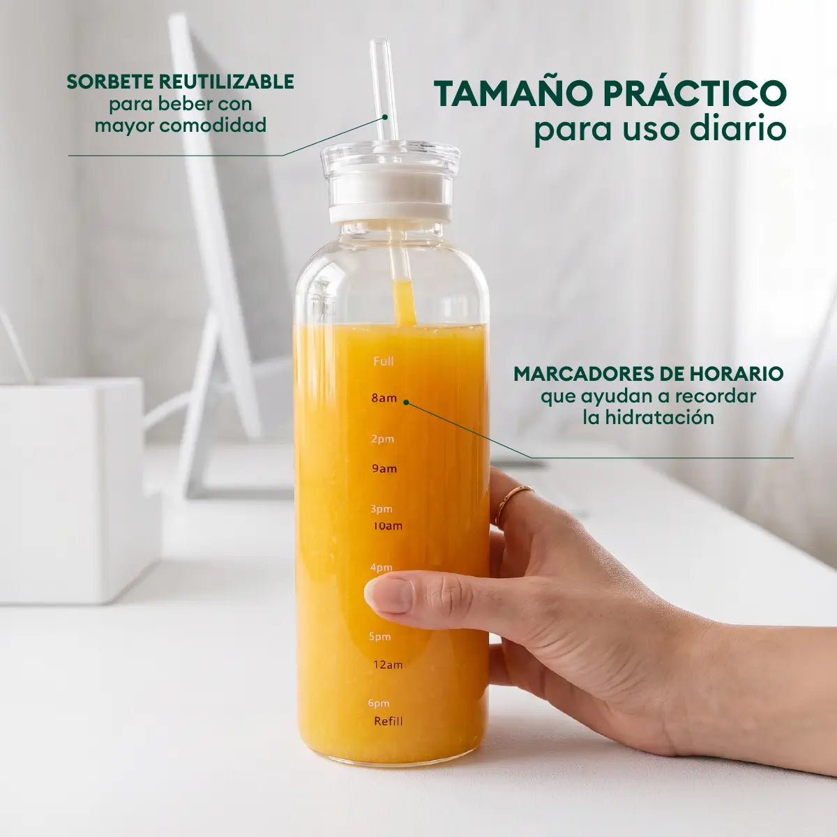 Botella reutilizable de vidrio con sorbete y marcas de medición para uso diario