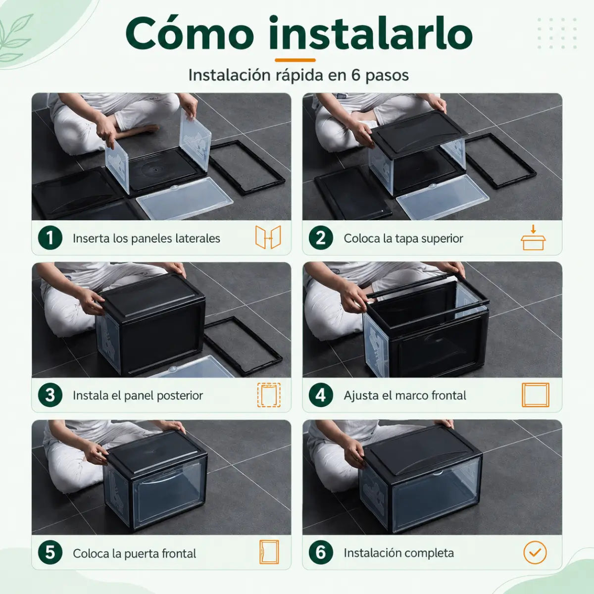 Instalación paso a paso de caja organizadora de zapatos apilable con paneles transparentes