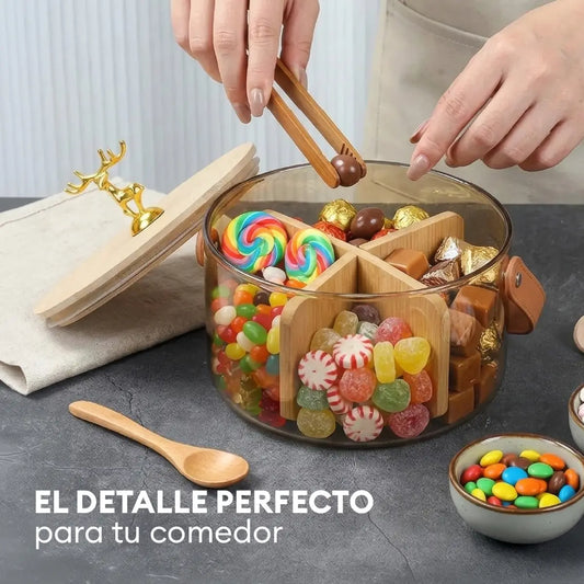 Centro de Mesa Decorativo con 4 Divisiones, Asa y Tapa de Bambú