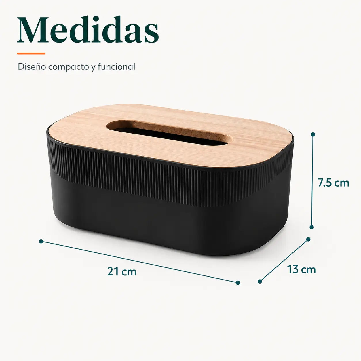 Caja porta pañuelos de aproximadamente 21 cm de largo, 11 cm de fondo y 12.5 cm de alto