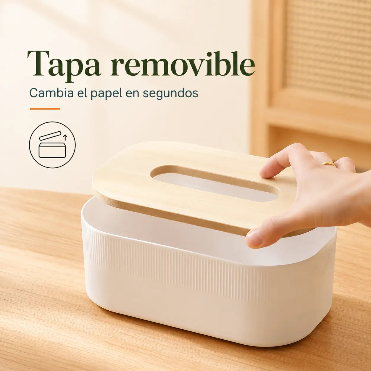 Caja para pañuelos con tapa removible efecto madera para facilitar la recarga