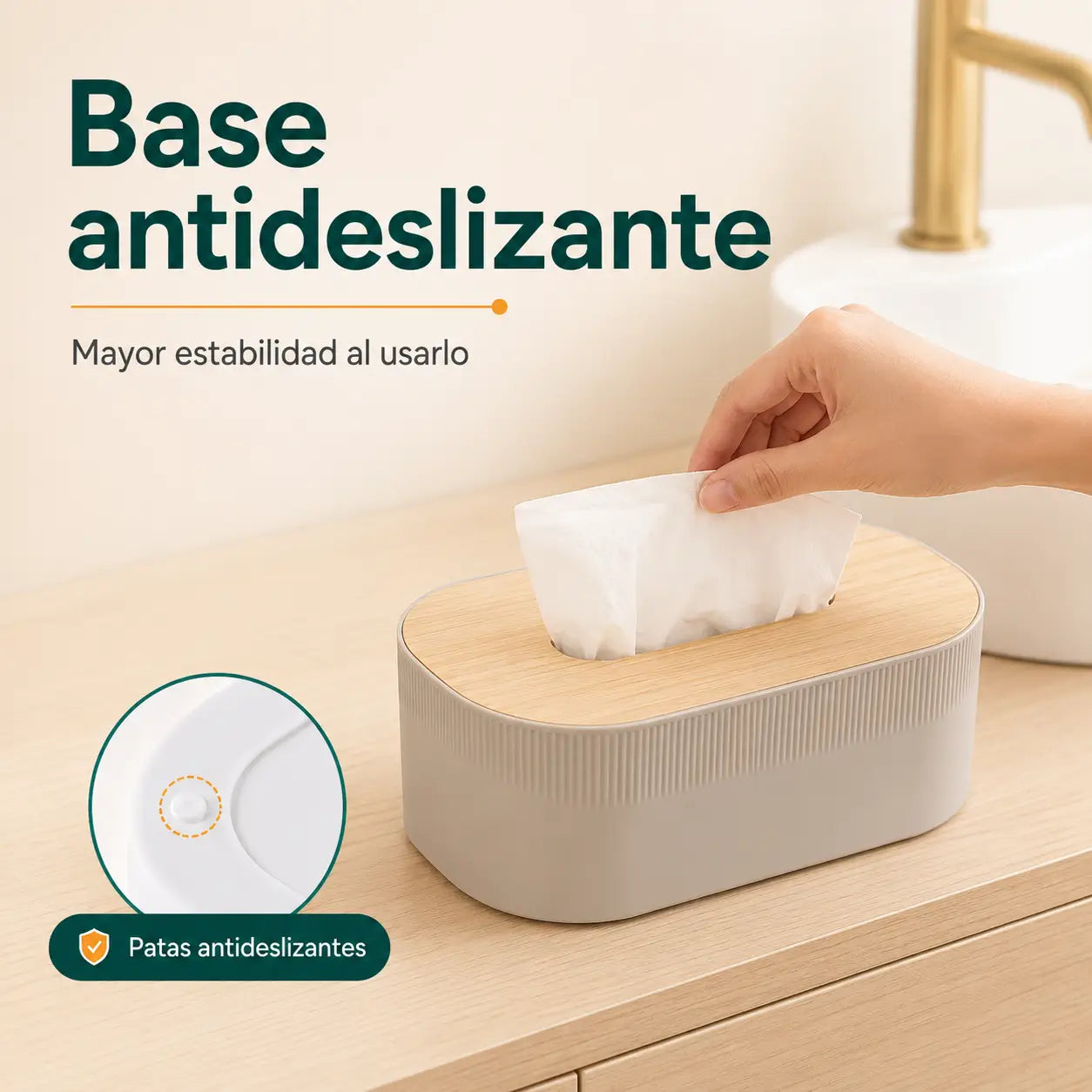 Caja porta pañuelos con base antideslizante para mayor estabilidad sobre la superficie