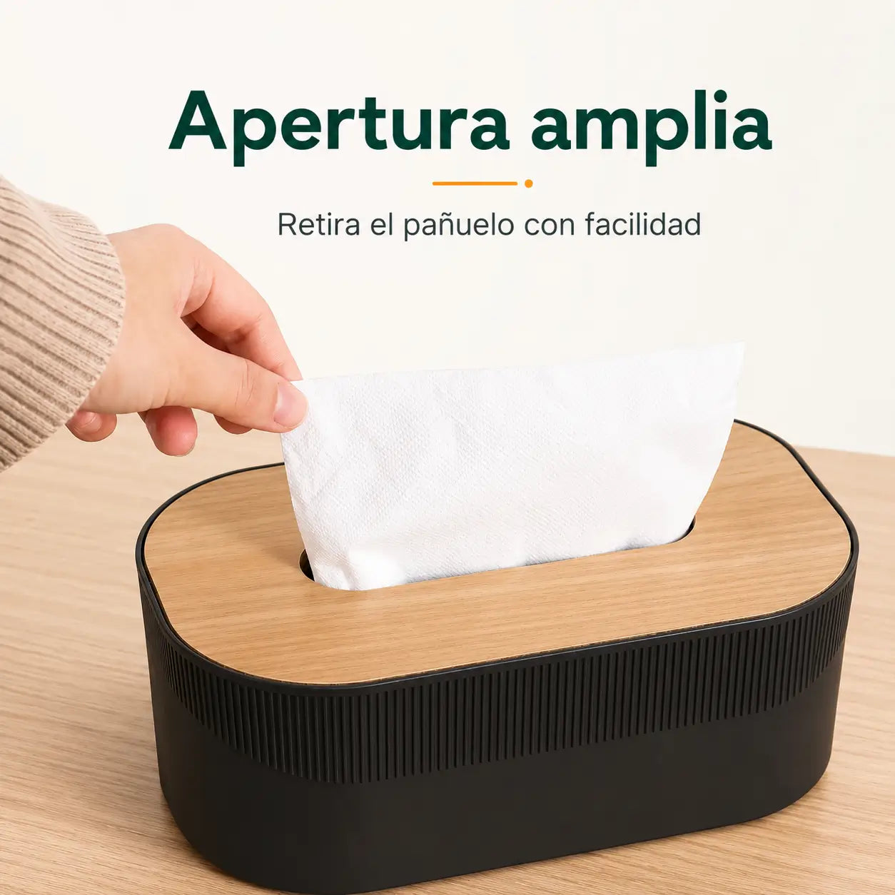 Porta pañuelos con abertura superior amplia para retirar los pañuelos fácilmente