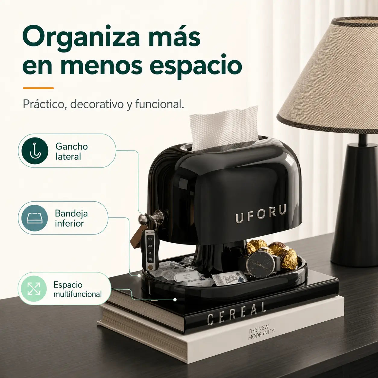 Dispensador de pañuelos multifuncional con espacio inferior para organizar accesorios y ahorrar espacio