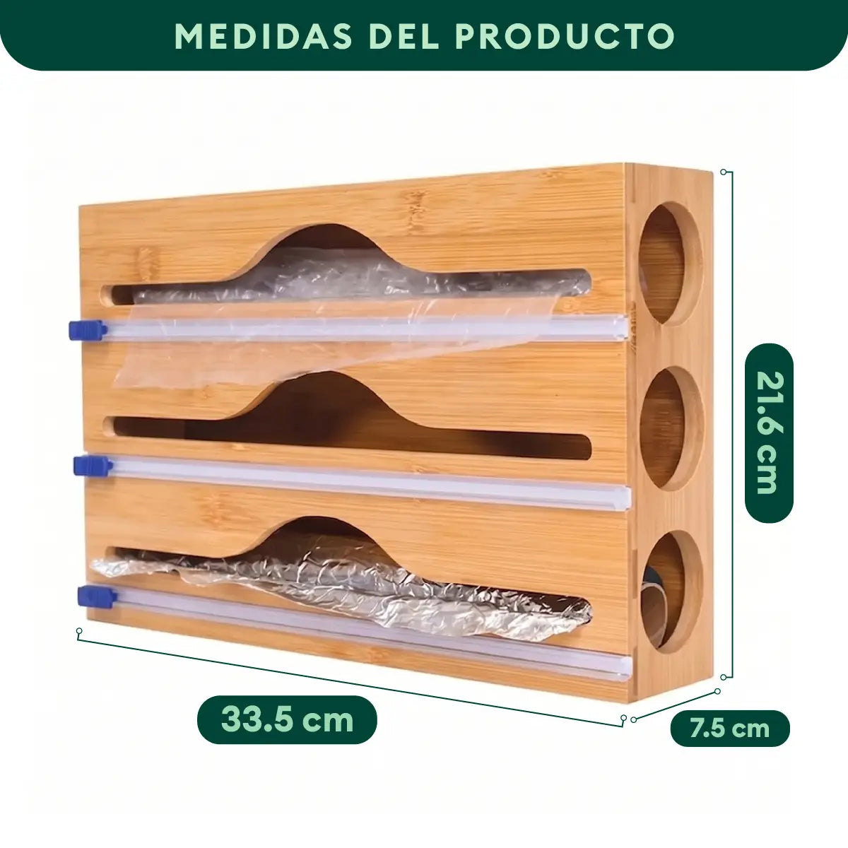 Dispensador de rollos de cocina de bambú de 33.5 cm de ancho, 24.6 cm de alto y 7.8 cm de fondo