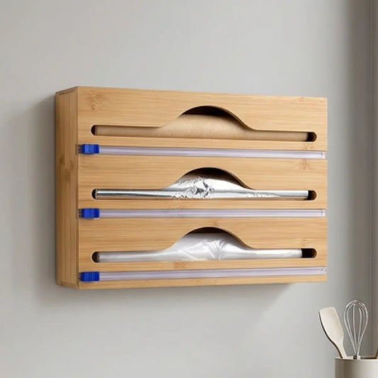 Dispensador de rollos de cocina de bambú con 3 compartimentos y cortadores integrados