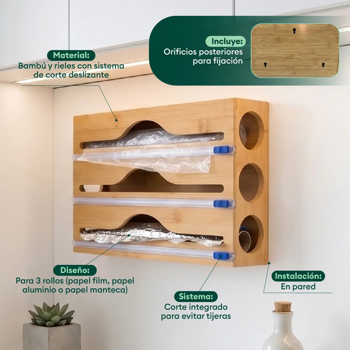 Organizador de papel film y aluminio de bambú con tres espacios y cortadores deslizables