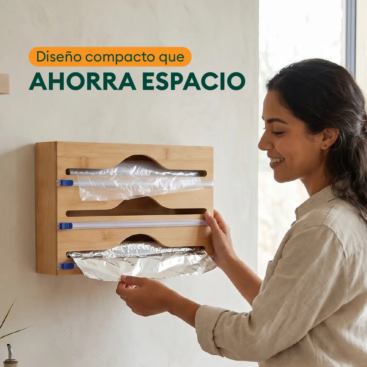 Dispensador de rollos de cocina para pared que organiza papel film, aluminio y otros rollos