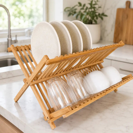 Escurridor de platos plegable de bambú de 2 niveles para organizar vajilla, tazas y utensilios